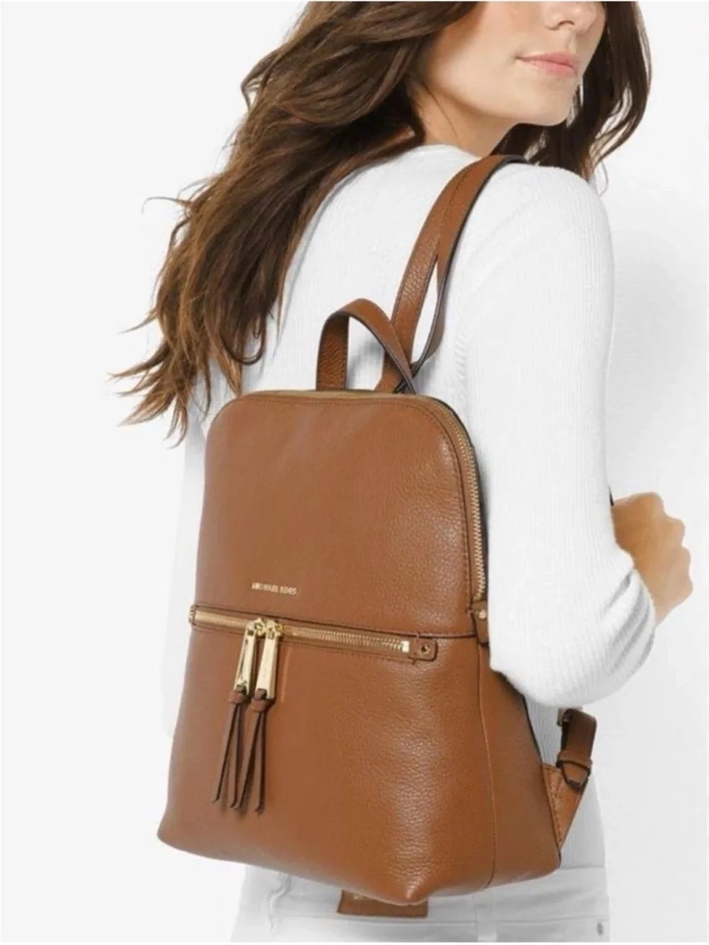 Michael Kors Rhea Pebbled Leather Slim Backpack And Wallet Luggage Tan